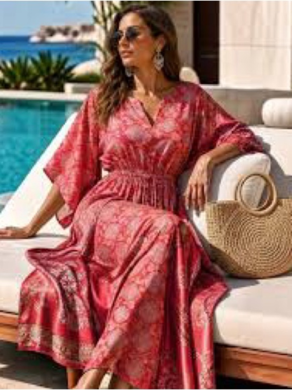 Flowing Red Printed Silk Maxi Dress with Elastic Waist